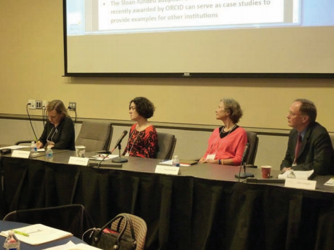 A panel discussion explored how ORCID is being implemented. Pictured are Véronique Kiermer, executive editor and head of researcher services, Nature Publishing Group; Christine W. McEntee, executive director and chief executive officer, American Geophysical Union; Amy Northcutt, chief information officer, National Science Foundation; and John Vaughn, executive vice president, Association of American Universities.