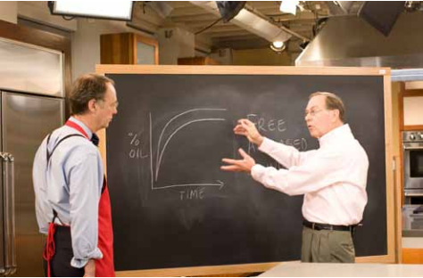 Christopher Kimball, founder of Cook’s Illustrated (left), and Guy Crosby, science editor at America’s Test Kitchen (right), discuss the science of frying in cold oil versus hot oil.