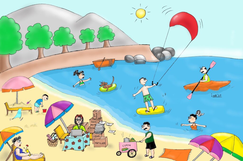 A cartoon beach scene showing some kids and adults playing while one adult is sitting at a desk on the beach with piles of work around her.