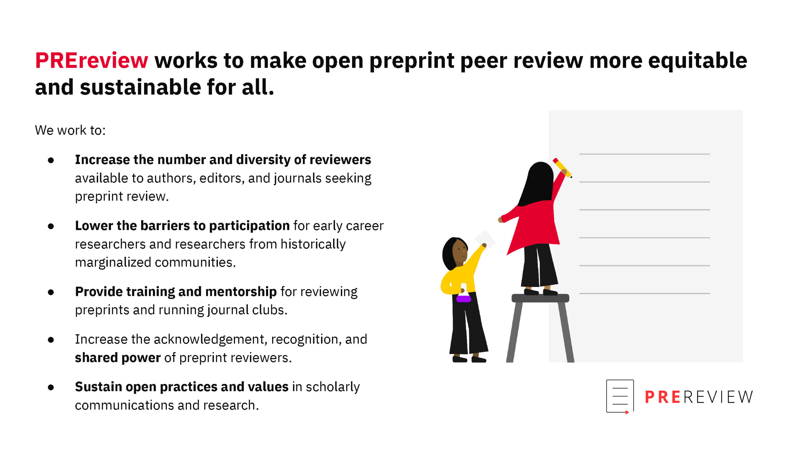<b>Figure.</b> PREreview works to make open preprint peer review more equitable and sustainable for all.