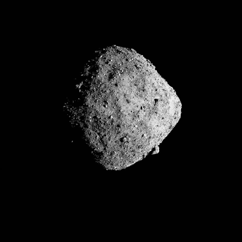 <b>Figure 1.</b> Asteroid Bennu, as viewed by the OSIRIS-REx spacecraft in 2018. Bennu is about 500 m in diameter, a little taller than the Empire State Building. (Credit: NASA/Goddard/University of Arizona)