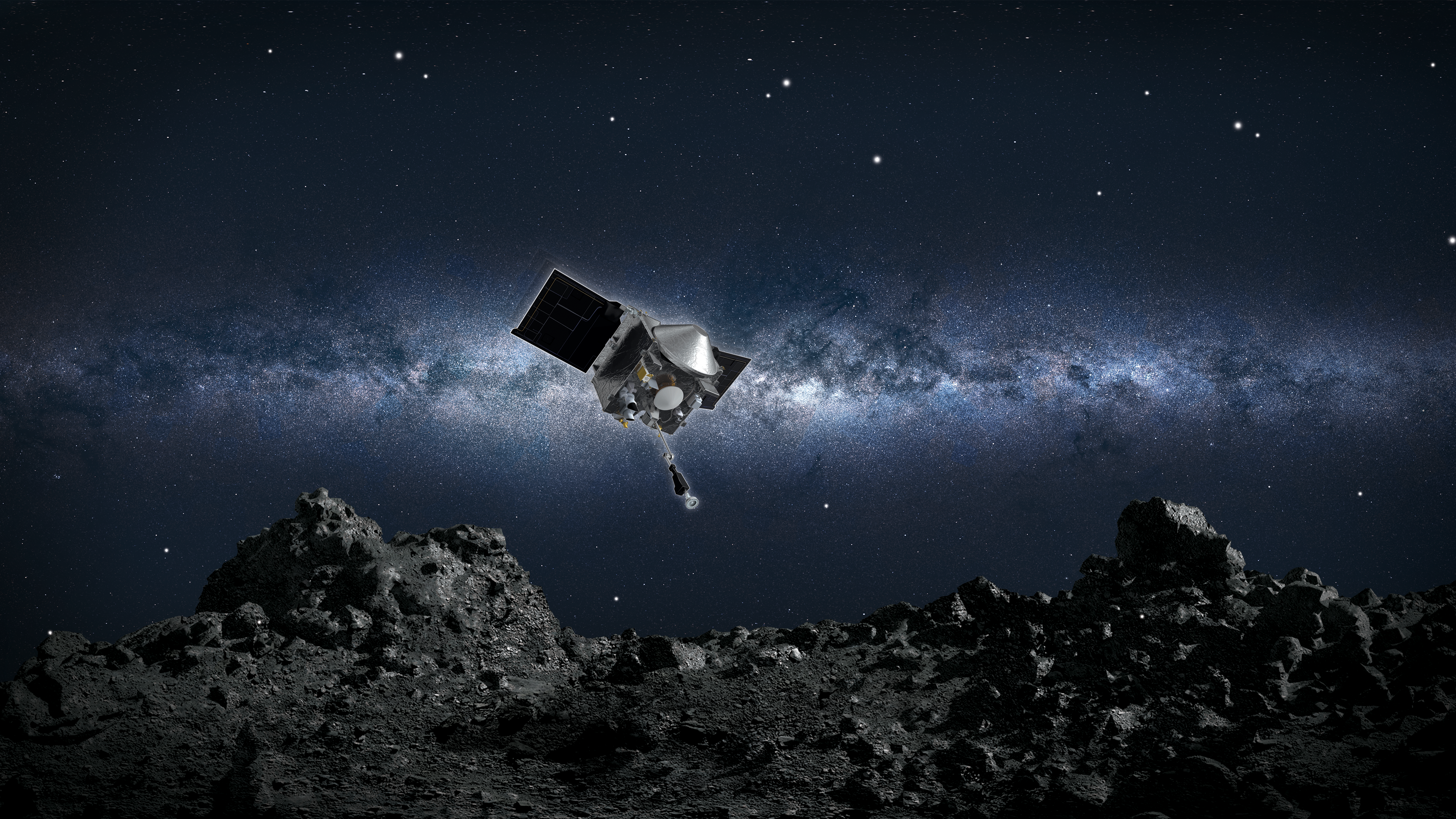 <b>Figure 2.</b> Artist’s conception of the OSIRIS-REx spacecraft descending to the surface of Bennu, with its sampling arm extended for touchdown. (Credit: NASA/Goddard/University of Arizona)