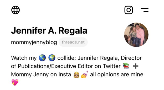 <b>Figure 1.</b> Welcome to my Threads! Follow me at the incredibly professional handle @mommyjennyblog. Threads is a no-judgment zone, which includes looking the other way when you read my handle name. I look forward to connecting!
